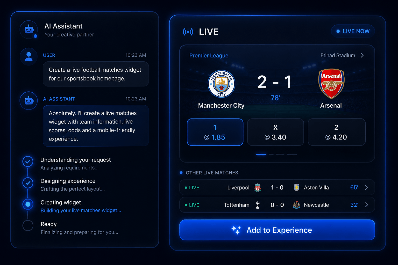 AI chat interface creating a live sportsbook widget from a natural language description