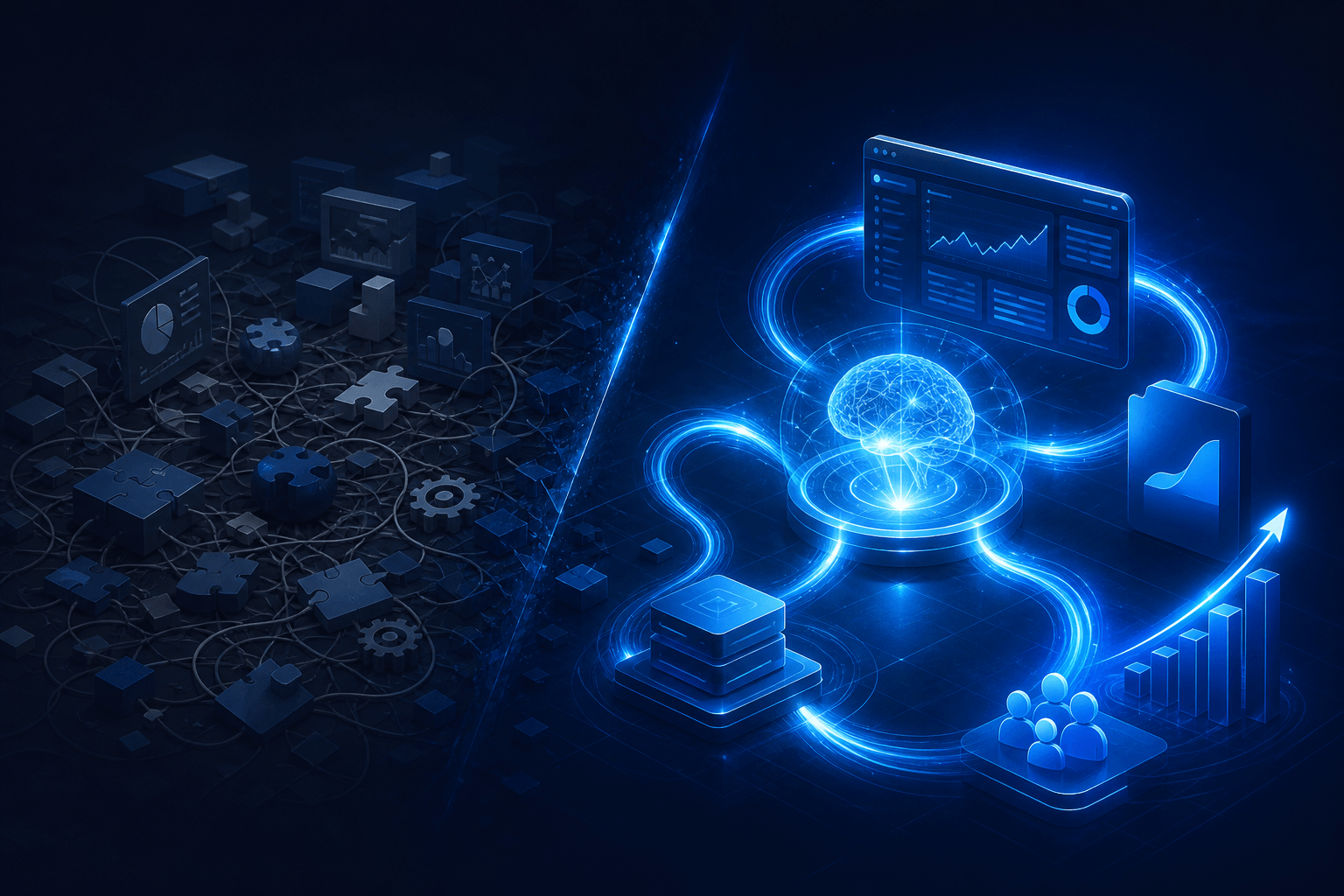 Comparison between fragmented old way and unified AI-powered approach